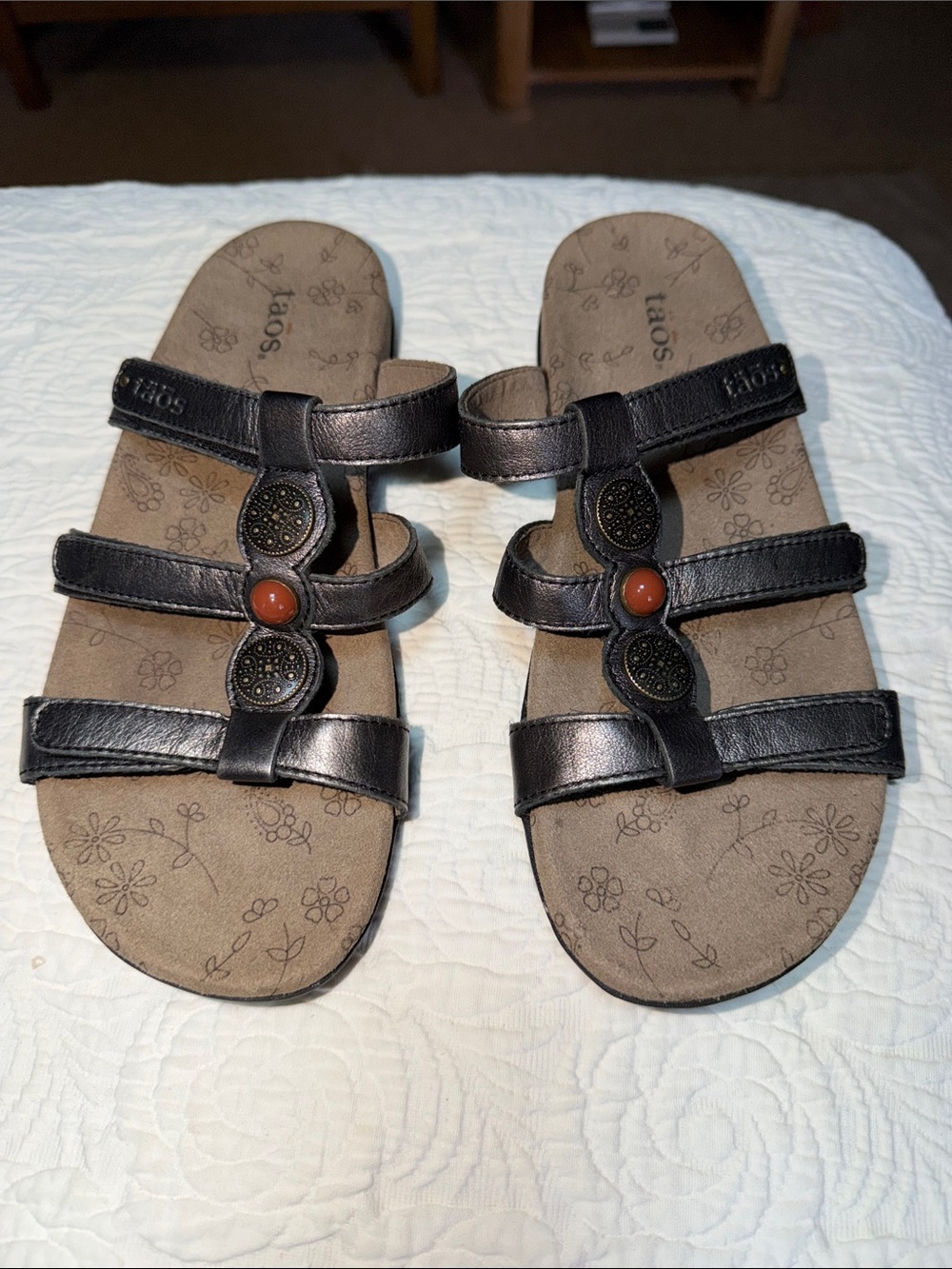 Taos Footwear Black Leather Triple-Strap Sandals with Brown Accent